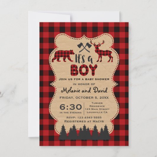 Invitation Baby shower Petit Chasseur de bûcheron rouge de bû (Devant)