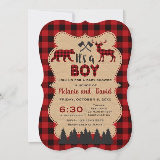 Invitation Baby shower Petit Chasseur de bûcheron rouge de bû (Devant)