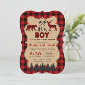 Invitation Baby shower Petit Chasseur de bûcheron rouge de bû (Debout devant)