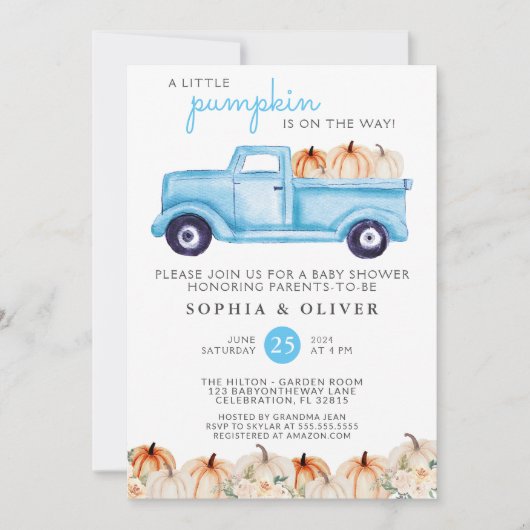 Invitation Baby shower petit Citrouille Blue Boy Couples (Devant)