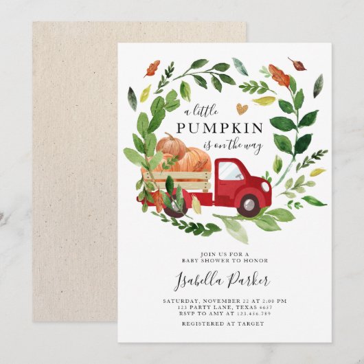 Invitation Baby shower Petit Citrouille Camion Automne Vert (Devant / Derrière)