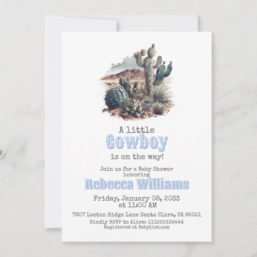 Invitation Baby shower petit cowboy Western Blue Boy (Devant)