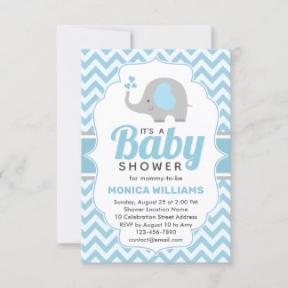 Invitation Baby shower petit éléphant bleu gris mou