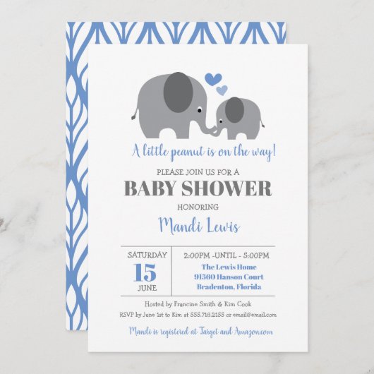 Invitation Baby shower petit éléphant d'arachide bleu garçon (Devant / Derrière)