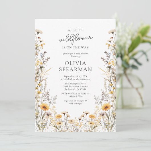 Invitation Baby shower petit Fleur sauvage jaune (Debout devant)