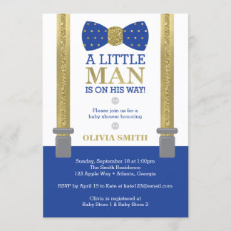 Invitation Baby shower Petit Homme, Bleu, Faux Or