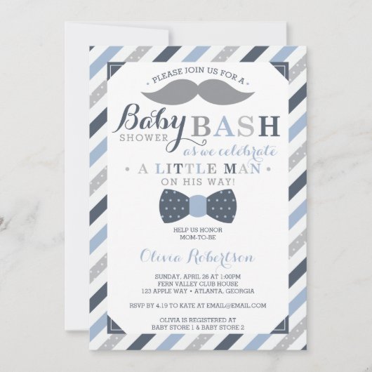Invitation Baby shower Petit Homme, Bleu, Gris (Devant)