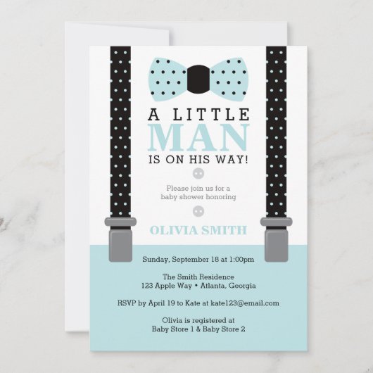 Invitation Baby shower Petit Homme, Bleu, Noir (Devant)