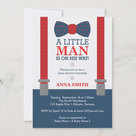Invitation Baby shower Petit Homme, Bleu, Rouge (Devant)
