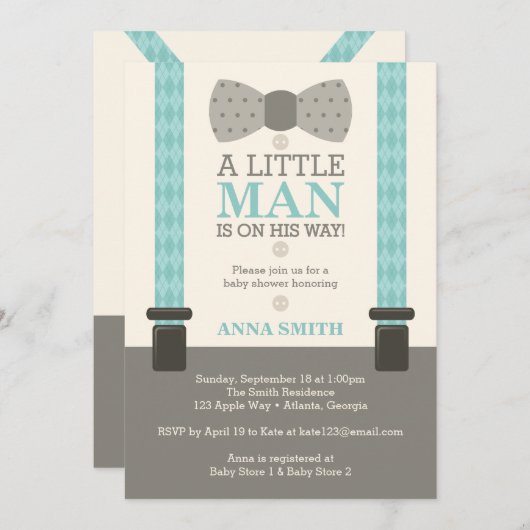 Invitation Baby shower Petit Homme, Turquoise (Devant / Derrière)