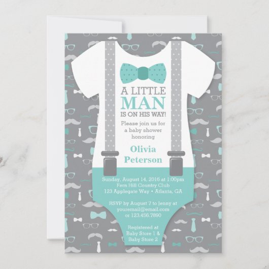 Invitation Baby shower Petit Homme, Turquoise, Gri (Devant)
