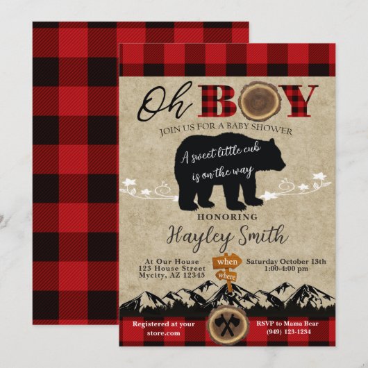 Invitation Baby shower Petit Ours Flannel Lumberjack Thème (Devant / Derrière)