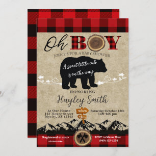 Invitation Baby shower Petit Ours Flannel Lumberjack Thème