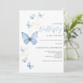 Invitation Baby shower petit papillon bleu garçon (Debout devant)