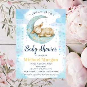 Invitation Baby Shower Petits Moutons Cœurs Lune Bleus