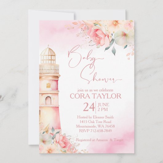 Invitation Baby shower phare fleuri Boho bleu et or (Devant)