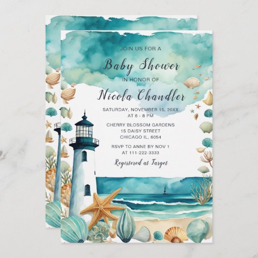 Invitation Baby shower phare nautique (Devant / Derrière)