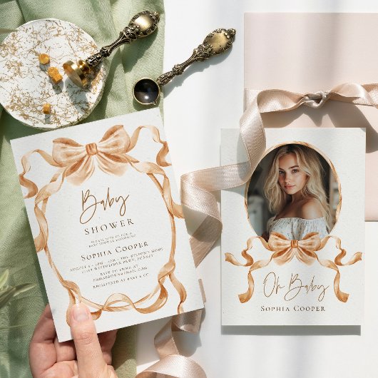 Invitation Baby shower photo Beige & Gold Coquette Bow