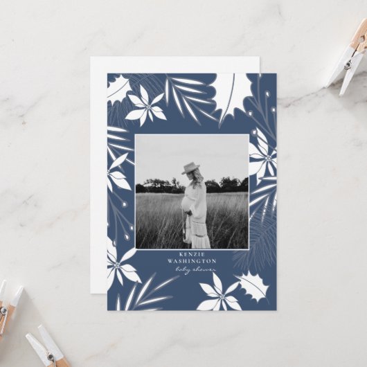 Invitation Baby shower photo bleu turquoise B/W (Devant/Arrière en situation)