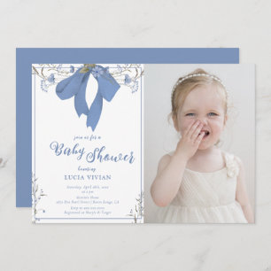 Invitation Baby shower photo Coquette Bow Fleur sauvage bleu