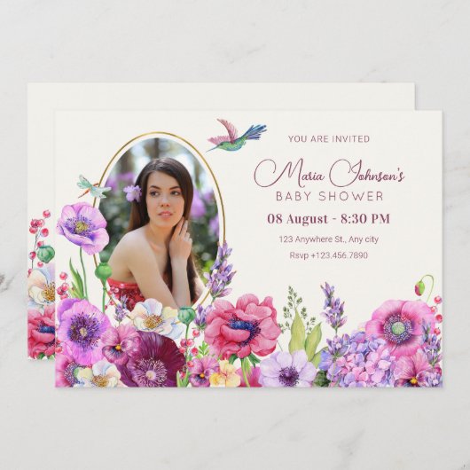 Invitation Baby shower photo de fleurs (Devant / Derrière)