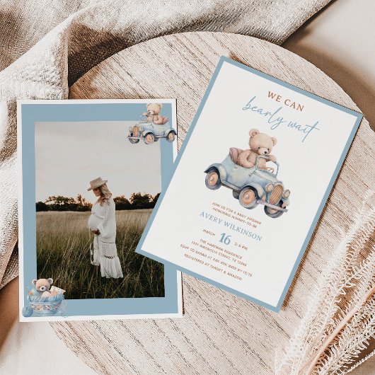 Invitation Baby shower photo de garçon moderne Blue Teddy Bea