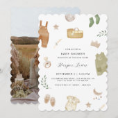Invitation Baby shower photo de vêtements neutres pour les fe (Devant / Derrière)