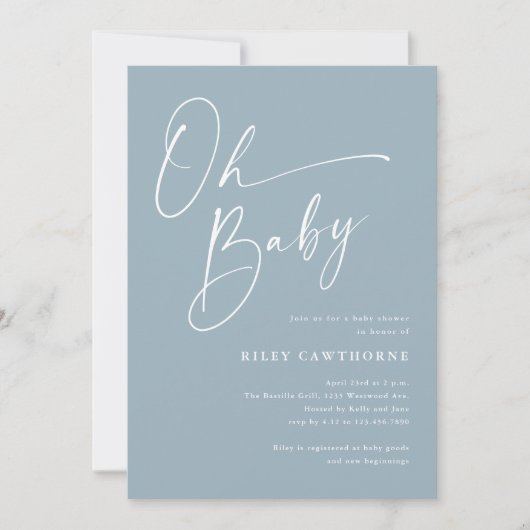 Invitation Baby shower photo Dusty Blue moderne Script (Devant)