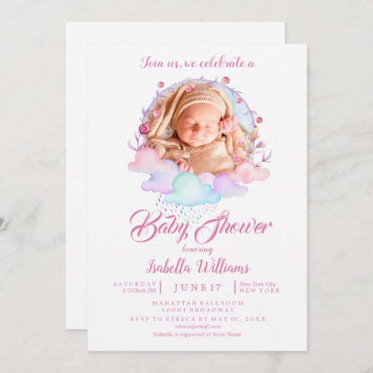 Invitation Baby shower photo fille couleur rose douce (Devant / Derrière)