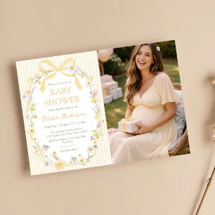 Invitation Baby Shower Photo Fleurs Rayures Jaune Ruban