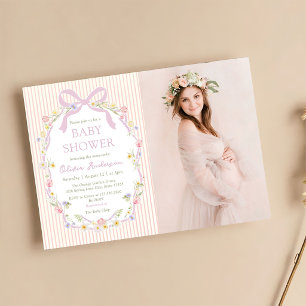 Invitation Baby Shower Photo Fleurs Rayures Nœud Rose