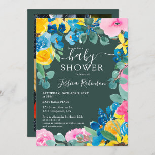 Invitation Baby shower photo floral vert rustique