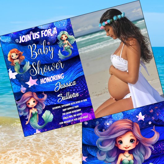 Invitation Baby shower photo Mermaid Deep Blue Purple Sea