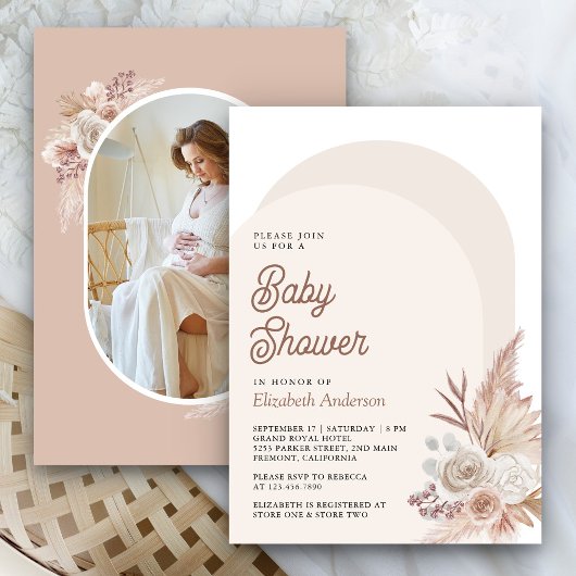 Invitation Baby shower photo Neutral Beige Floral Pampas