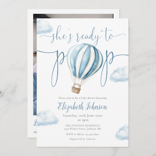 Invitation Baby shower photo Pop Blue Balloon Boy QR Code (Devant / Derrière)