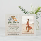 Invitation Baby shower photo rustique des animaux de bois (Debout devant)
