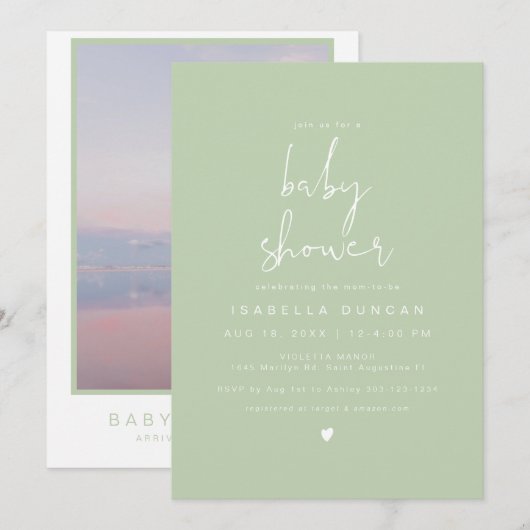 Invitation BABY SHOWER photo vert du printemps LEAH (Devant / Derrière)