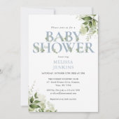 Invitation Baby shower photo vert Foliage Boy Dusty Blue (Devant)