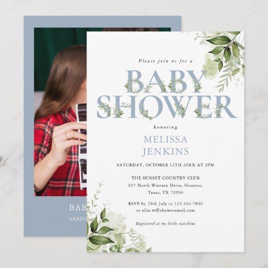 Invitation Baby shower photo vert Foliage Boy Dusty Blue (Devant / Derrière)
