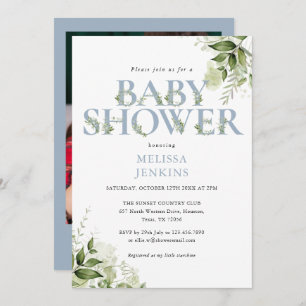 Invitation Baby shower photo vert Foliage Boy Dusty Blue