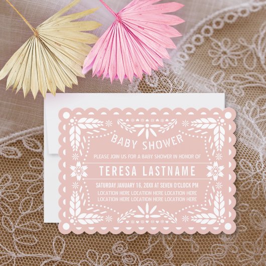 Invitation baby shower picado rose or et papillon blanc