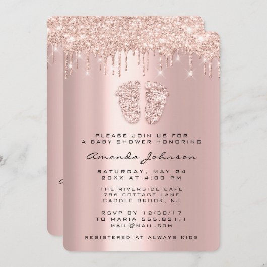 Invitation Baby shower Pieds Parties scintillant Pilules rose (Devant / Derrière)