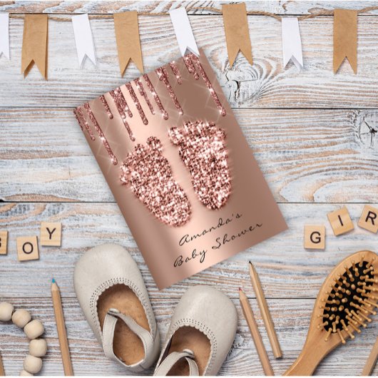 Invitation Baby shower Pieds Parties scintillant Rose Étincel