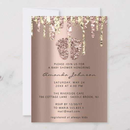 Invitation Baby shower Pieds Parties scintillant Rose Gold Dr (Devant)
