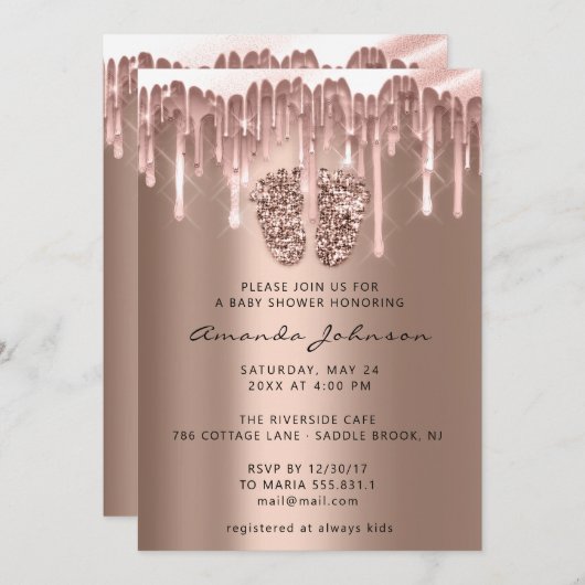 Invitation Baby shower Pieds Parties scintillant Rose Lush Dr (Devant / Derrière)