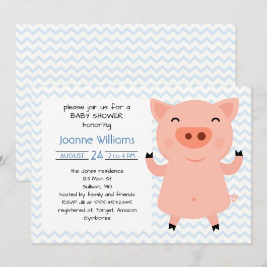 Invitation Baby shower Piggy Mignonne Pour Fille (Devant / Derrière)