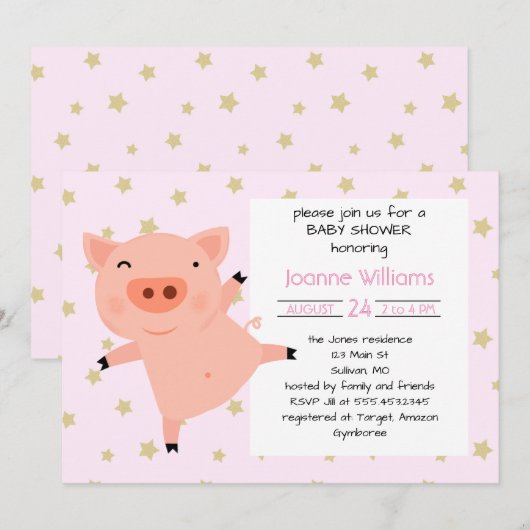 Invitation Baby shower Piggy Mignonne Pour Fille (Devant / Derrière)