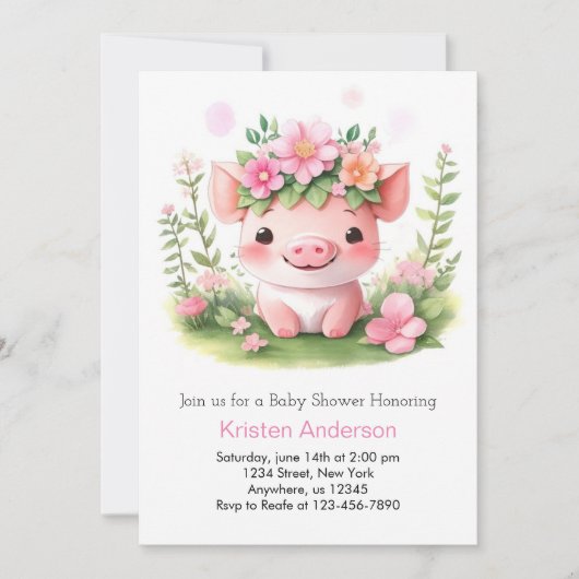 Invitation Baby shower Piglet Fille de la ferme rose (Devant)