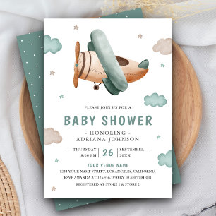 Invitation Baby shower pilote vintage Retro Avion Cute