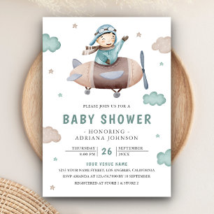 Invitation Baby shower pilote vintage Retro Avion Cute